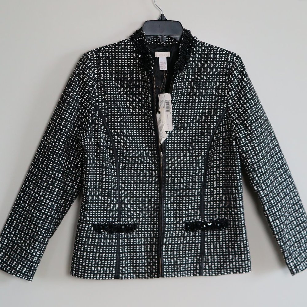 NWT Chico's Black/White Tweed Droplets "Thoara" Zip Jacket Size 1 (S/M)